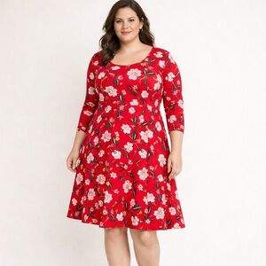 Old Navy Floral Fit & Flare Stretch Midi/knee Dress Long Sleeve Red Sz 2X